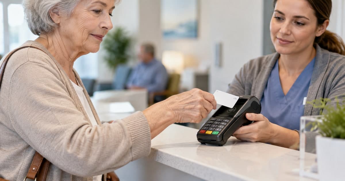 A person using a payment terminal at a clinic counter.