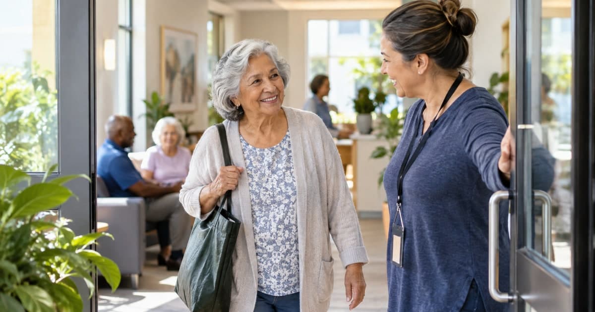 A volunteer welcoming a visitor into a community assistance center.
