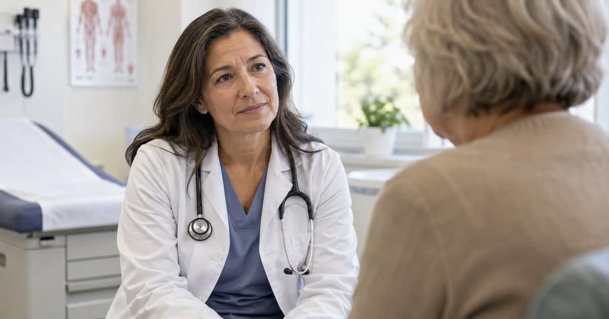 A primary care doctor listening to a patient during a visit.