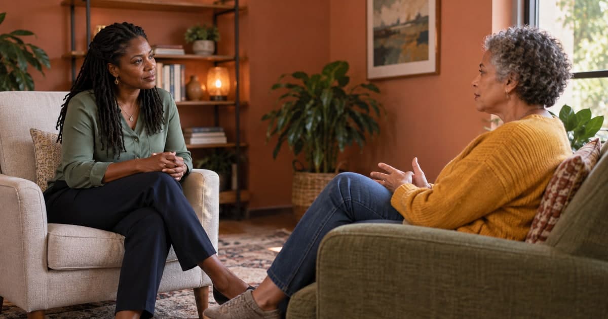 Therapist and client talking in a welcoming consultation room.