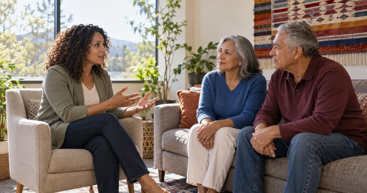 Health benefits counselor speaking with a couple seated on a sofa.