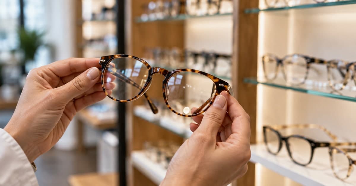 Optician holding prescription glasses in an optical shop.