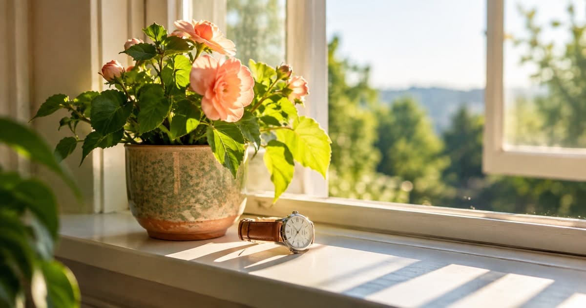 Morning sunlight through an open window beside a flowering plant.