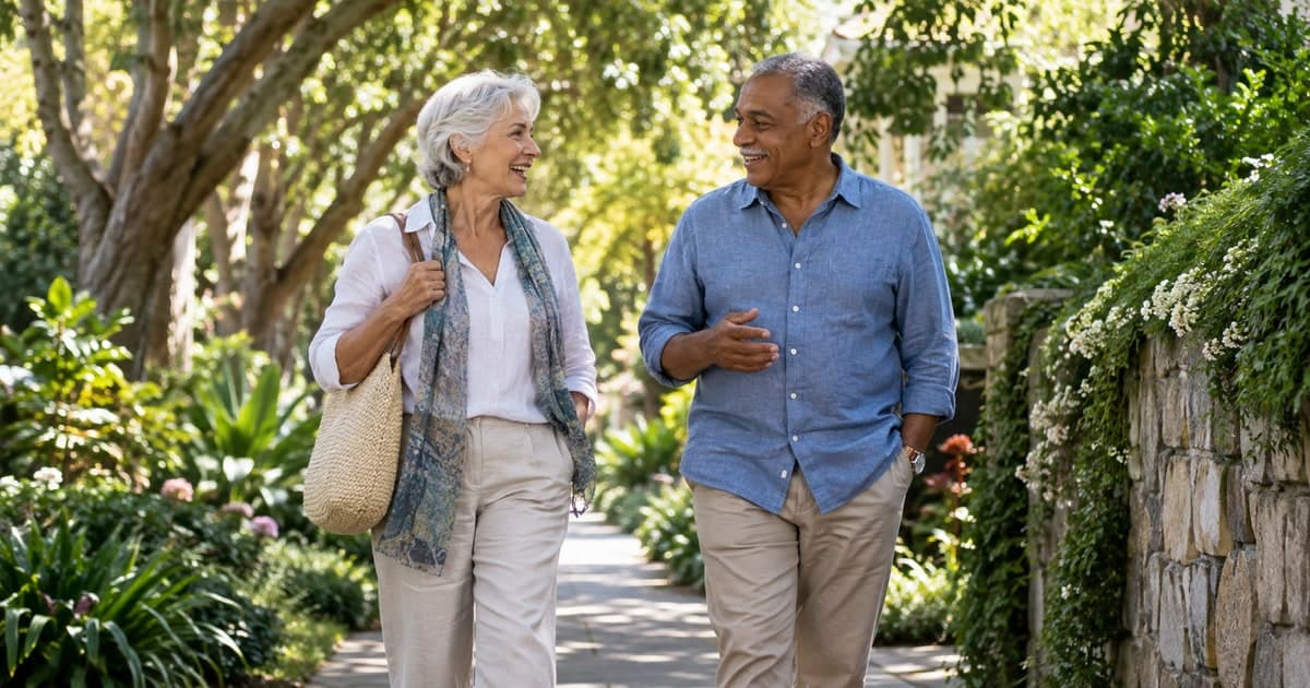 Couple walking together along a leafy neighborhood path.