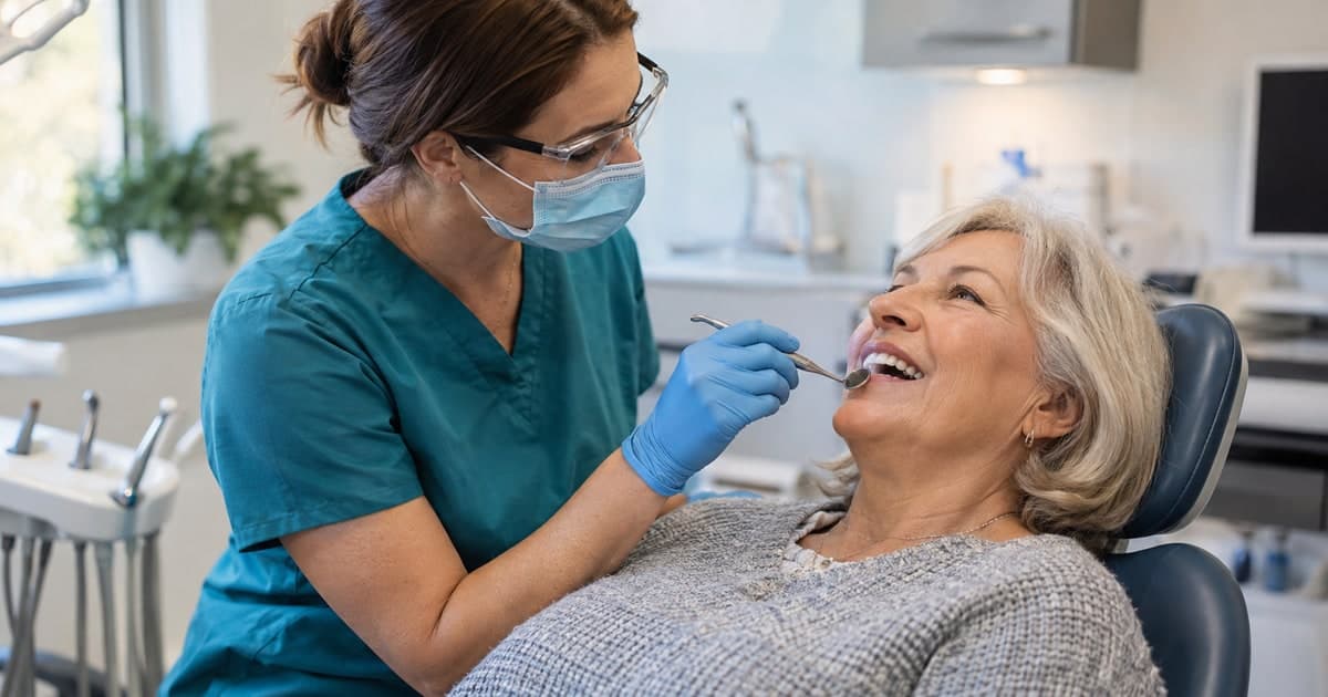 Dentist examining a patient in a bright dental office.