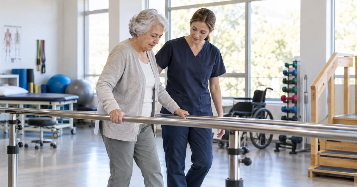 A therapist assisting a patient with walking in a rehabilitation room.