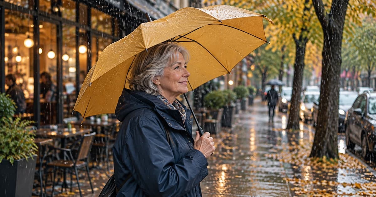 Woman walking under an ochre umbrella on a rainy neighborhood sidewalk.