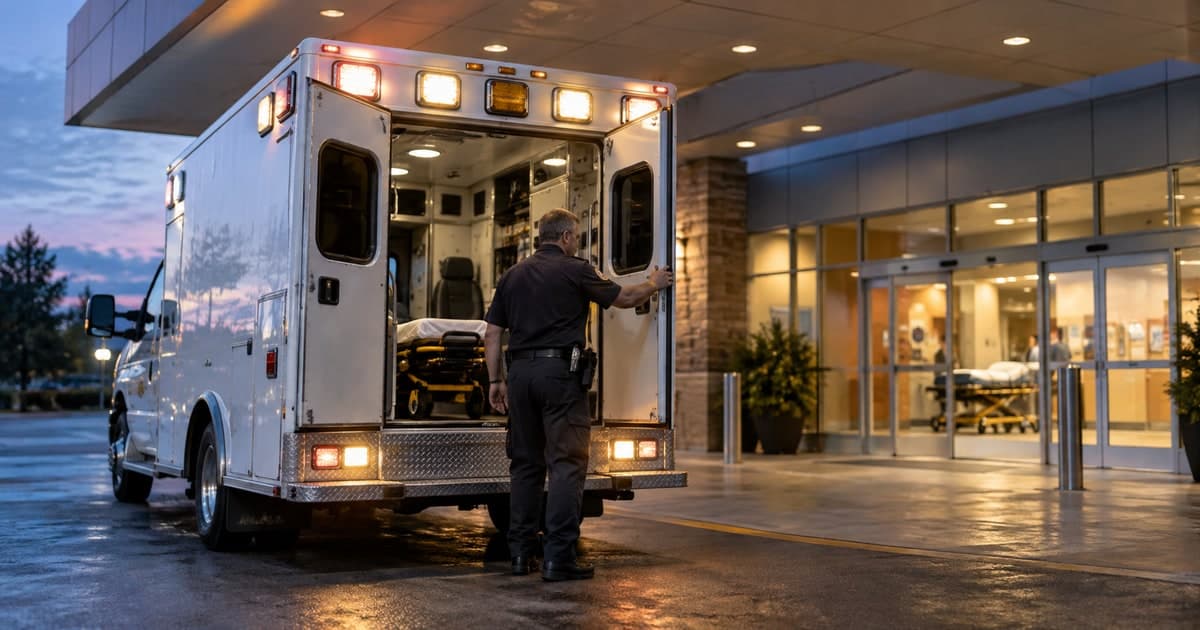 A paramedic beside an ambulance at a hospital entrance.