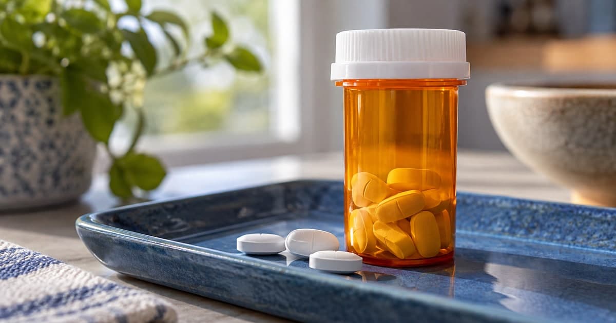 A prescription bottle and tablets on a ceramic tray.