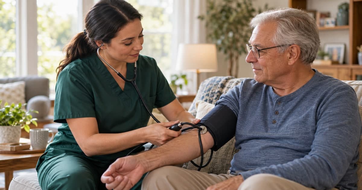 A home health nurse checking a patient’s blood pressure at home.