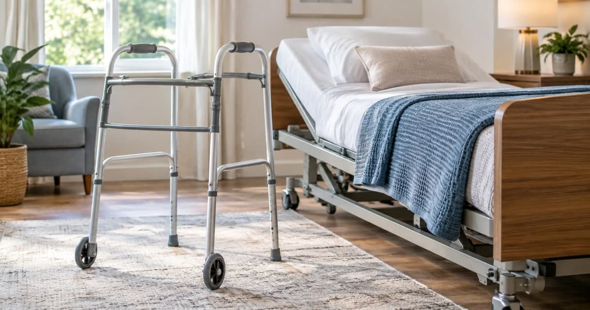 A walker beside an adjustable bed in a home bedroom.