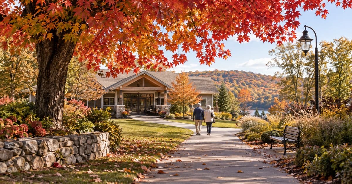 Autumn trees lining a path toward a community center.