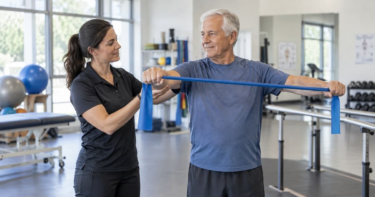 Physical therapist guiding a patient through a resistance-band exercise.