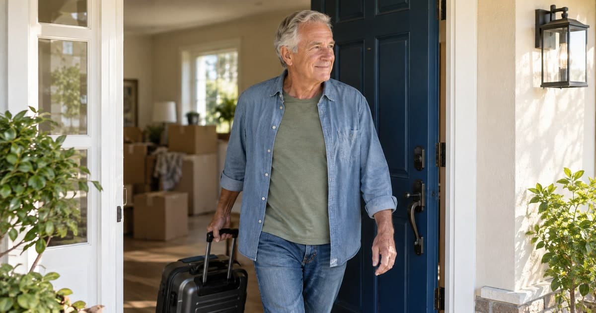 A man arriving at a new home with a suitcase.
