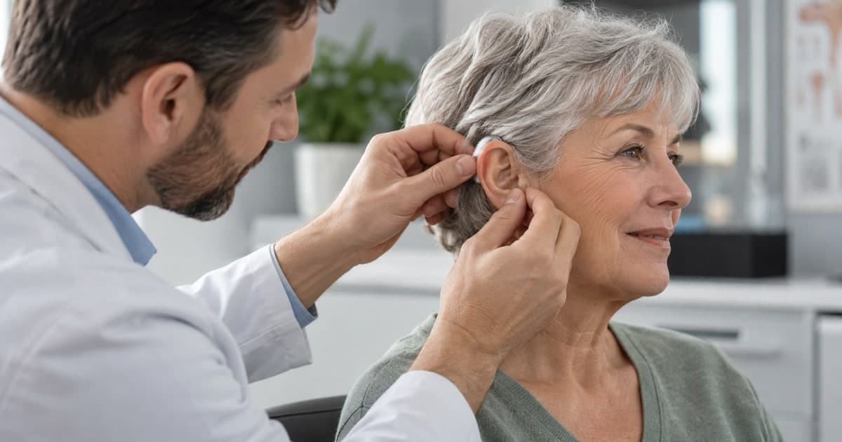 Audiologist adjusting a patient’s hearing aid.