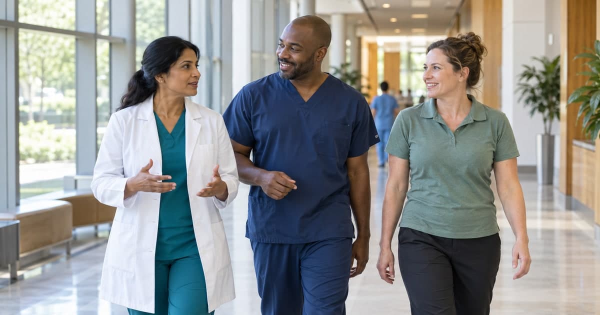 Three healthcare professionals walking together through a sunlit medical-center corridor.