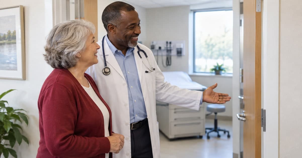 Doctor welcoming a patient into a primary care consultation room.