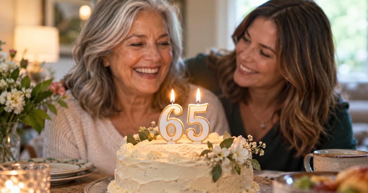 Woman celebrating her 65th birthday with her daughter and a cake with lit numeral candles.